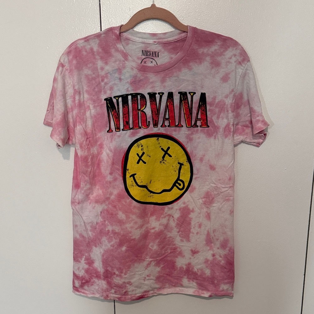 NIRVANA Pink Tie-Dye Tee with Yellow Smiley